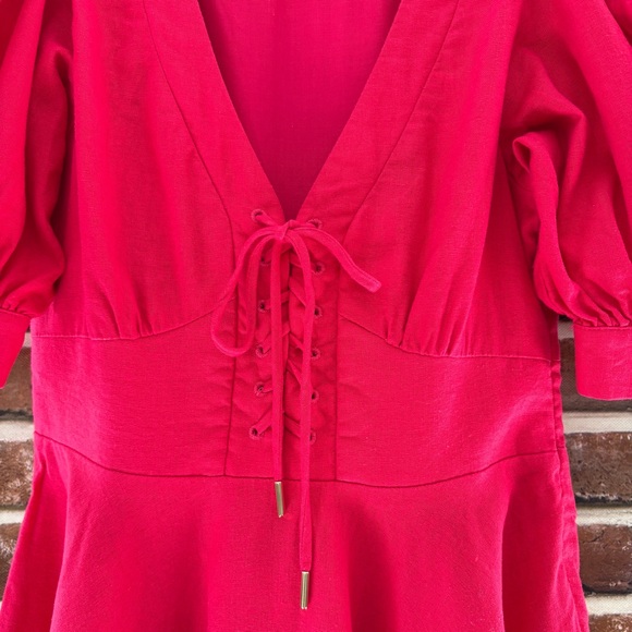 House of Harlow 1960 Linen Blend Puff Sleeve Corset Dress in Bright Pink, Size 4 - Picture 2 of 6